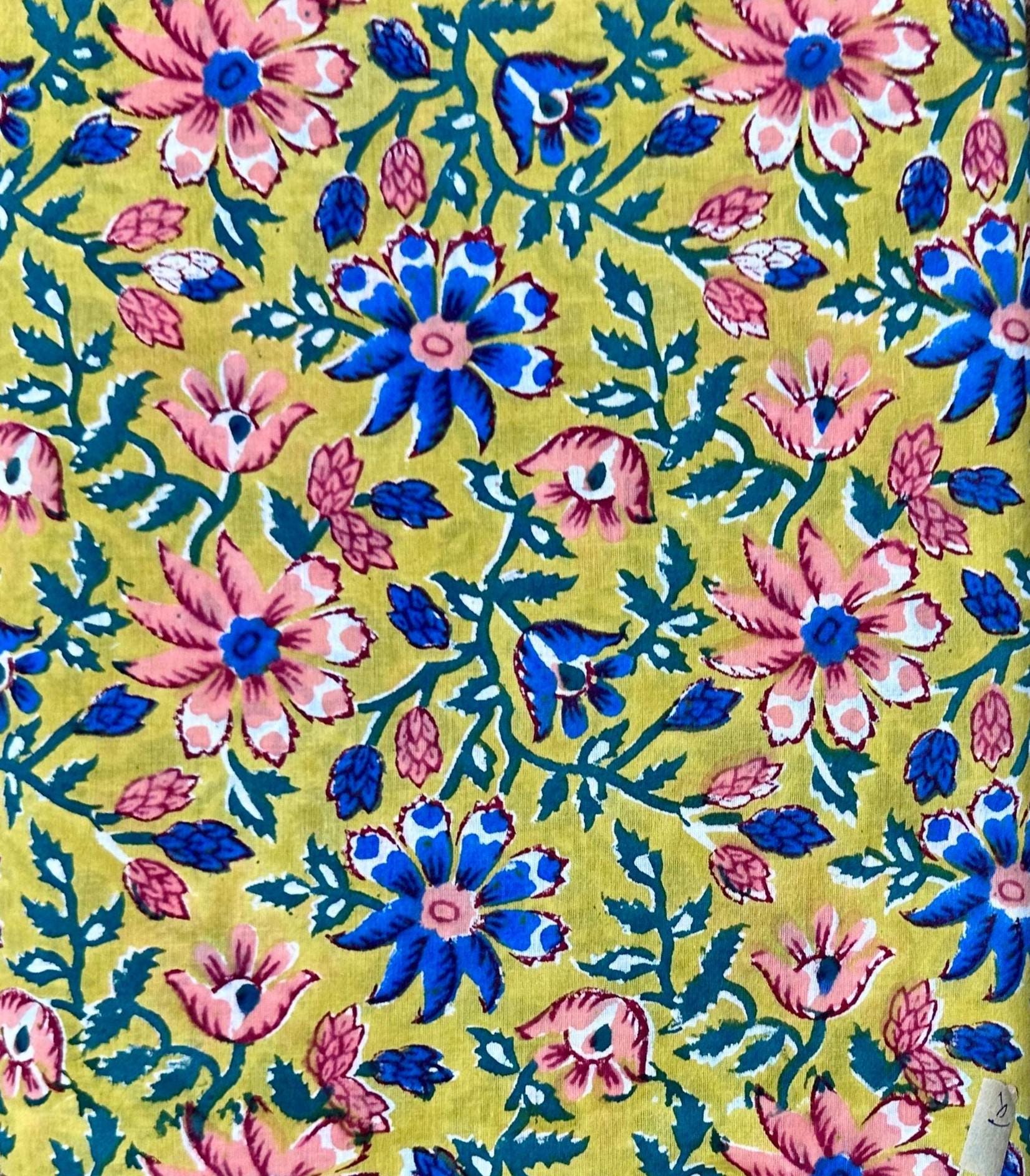 Green Floral Cotton Fabric | Hand Block Print Indian Fabric | Soft Printed Cotton for Dress, Quilting, Sewing & Craft