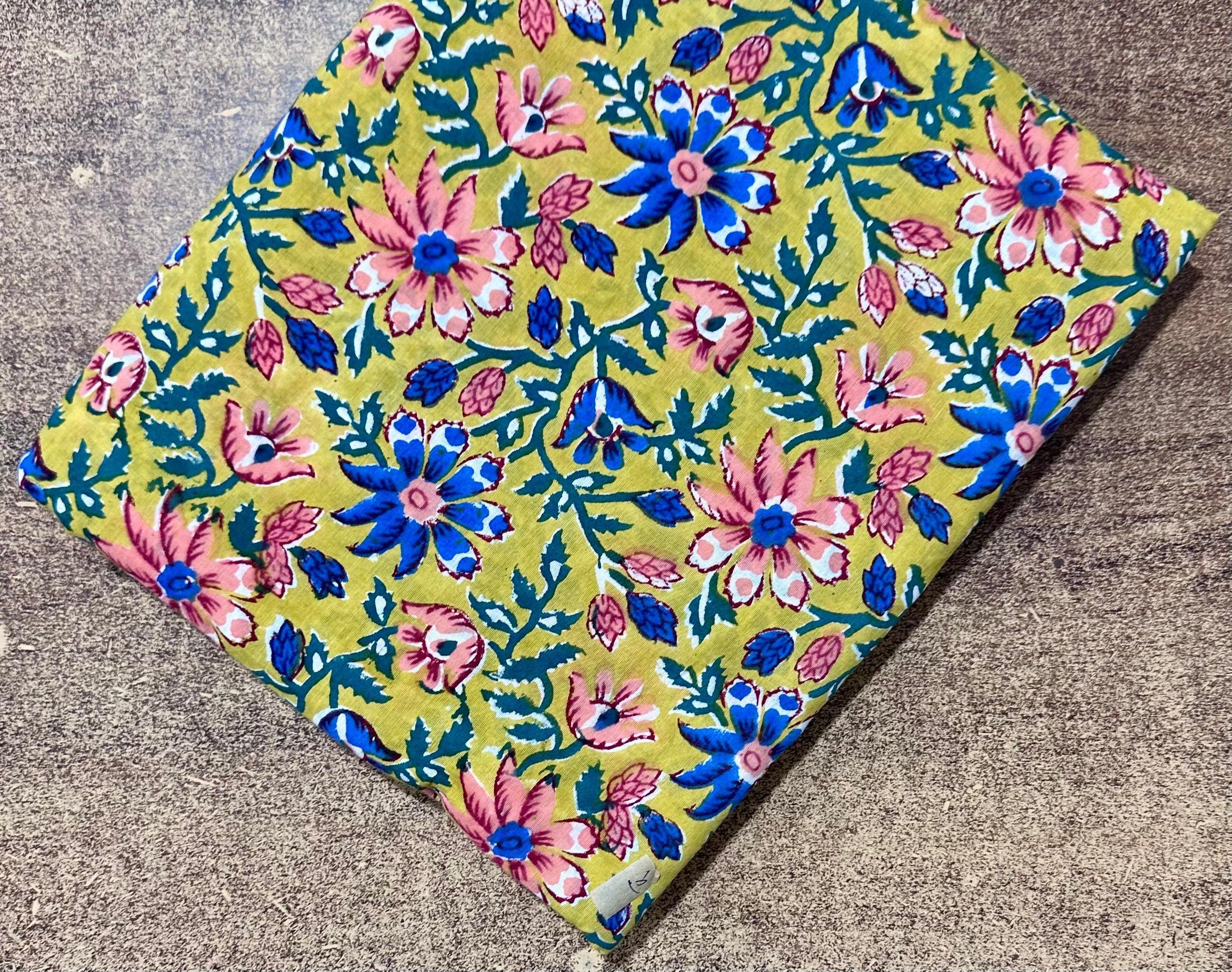 Green Floral Cotton Fabric | Hand Block Print Indian Fabric | Soft Printed Cotton for Dress, Quilting, Sewing & Craft
