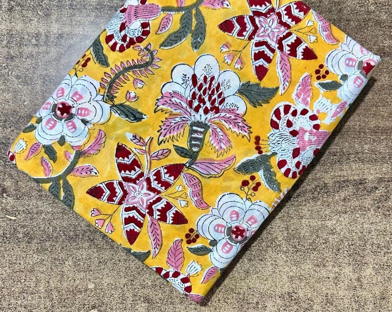 Yellow Floral Hand Block Print Cotton Fabric – Indian Cotton Fabric by Yard, Boho Flower Print Dressmaking & Quilting Fabric, Curtain Fabric