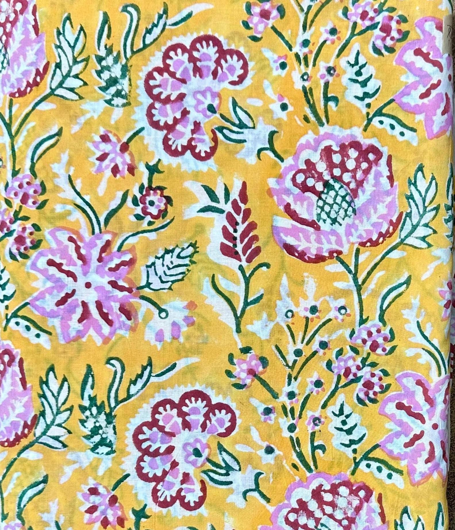 Mustard Yellow Floral Cotton Fabric by the Yard, Indian Printed Fabric, Soft Lightweight Cotton Fabric for Dress Making, Quilting, Sewing