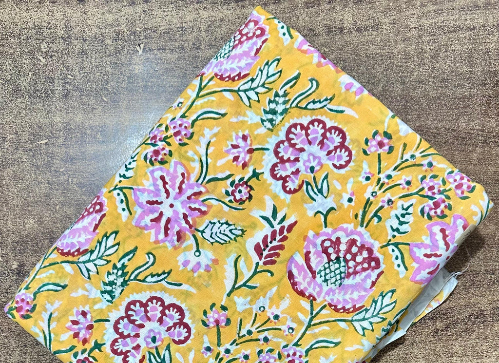 Mustard Yellow Floral Cotton Fabric by the Yard, Indian Printed Fabric, Soft Lightweight Cotton Fabric for Dress Making, Quilting, Sewing