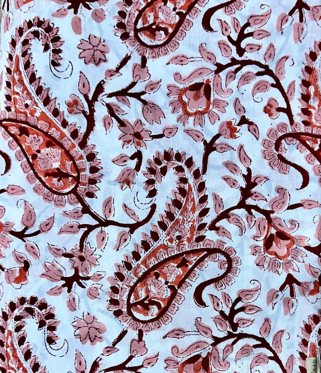Hand Block Print Cotton Fabric, Red Pink Paisley Floral Fabric, Soft Indian Cotton Material by Yard, Boho Dress Craft Quilting Sewing Fabric