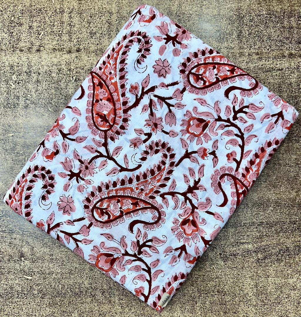 Hand Block Print Cotton Fabric, Red Pink Paisley Floral Fabric, Soft Indian Cotton Material by Yard, Boho Dress Craft Quilting Sewing Fabric