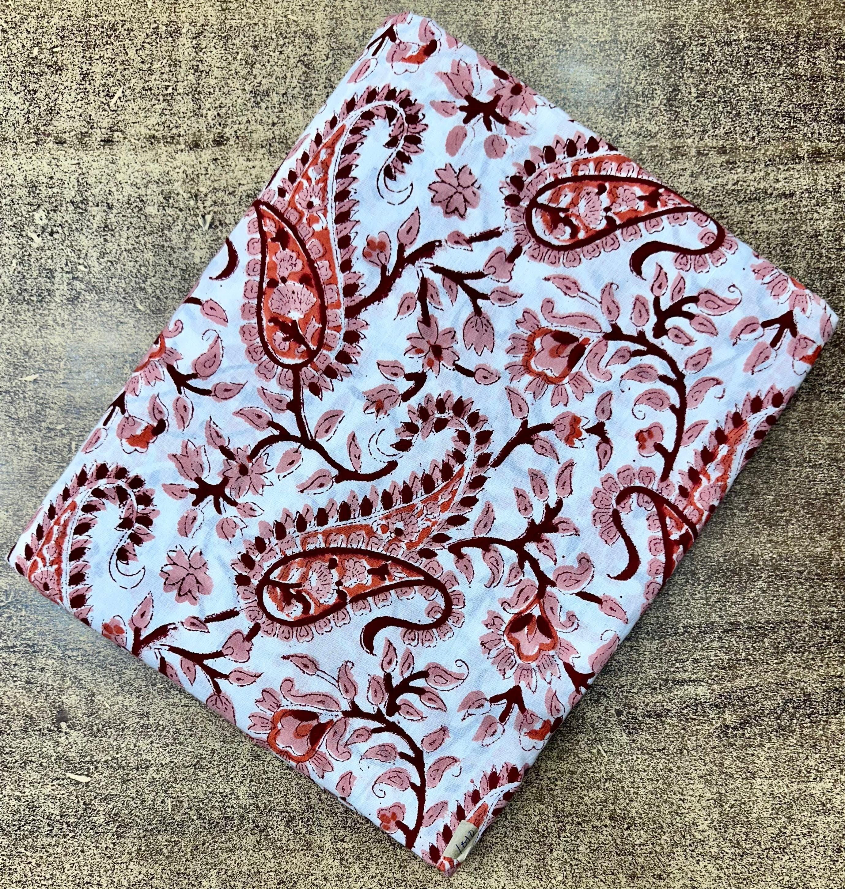 Hand Block Print Cotton Fabric, Red Pink Paisley Floral Fabric, Soft Indian Cotton Material by Yard, Boho Dress Craft Quilting Sewing Fabric