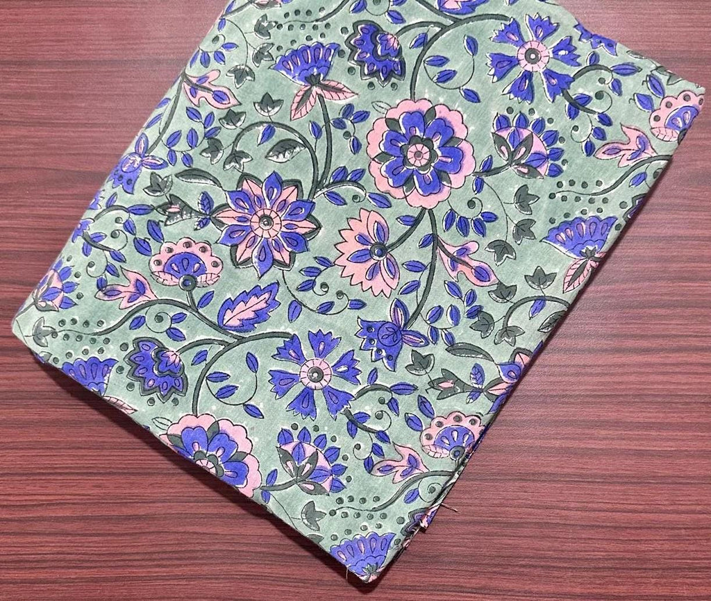 Green Floral Cotton Fabric by Yard, Blue Pink Flower Print Material, Soft Indian Block Print Cotton for Dress, Quilting, Craft Sewing Fabric