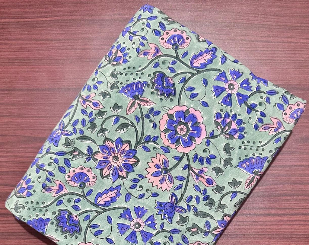 Green Floral Cotton Fabric by Yard, Blue Pink Flower Print Material, Soft Indian Block Print Cotton for Dress, Quilting, Craft Sewing Fabric