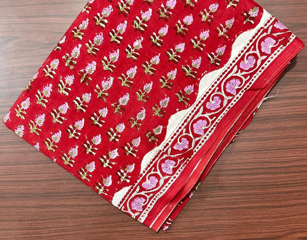 Red Floral Hand Block Print Cotton Fabric, Indian Block Printed Fabric by Yard, Ethnic Flower Print Fabric for Dress, Loose Running Fabric