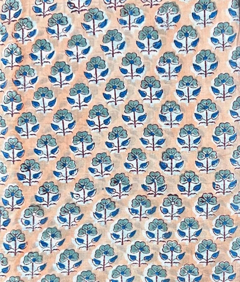 Beige Floral Hand Block Print Cotton Fabric, Indian Block Printed Cotton by Yard, Blue Flower Ethnic Fabric for Dressmaking, Quilting Crafts