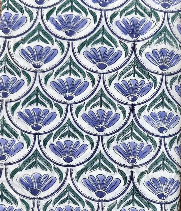 Blue Floral Hand Block Print Cotton Fabric, White Indian Block Printed Cotton by Yard, Ethnic Flower Fabric for Dressmaking, Home Decor