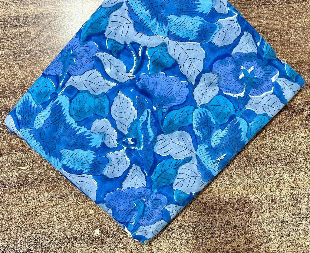 Blue Floral Cotton Fabric by the Yard, Hand Block Print Indian Cotton, Quilting Fabric, Boho Home Decor & Dressmaking Fabric, Running Fabric
