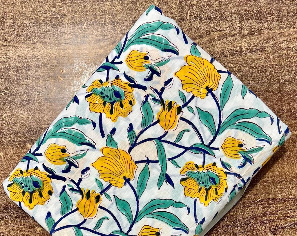 Yellow Floral Cotton Fabric by the Yard, White Printed Cotton Fabric, Quilting Fabric, Boho Home Decor & Dressmaking Fabric, Running Fabric