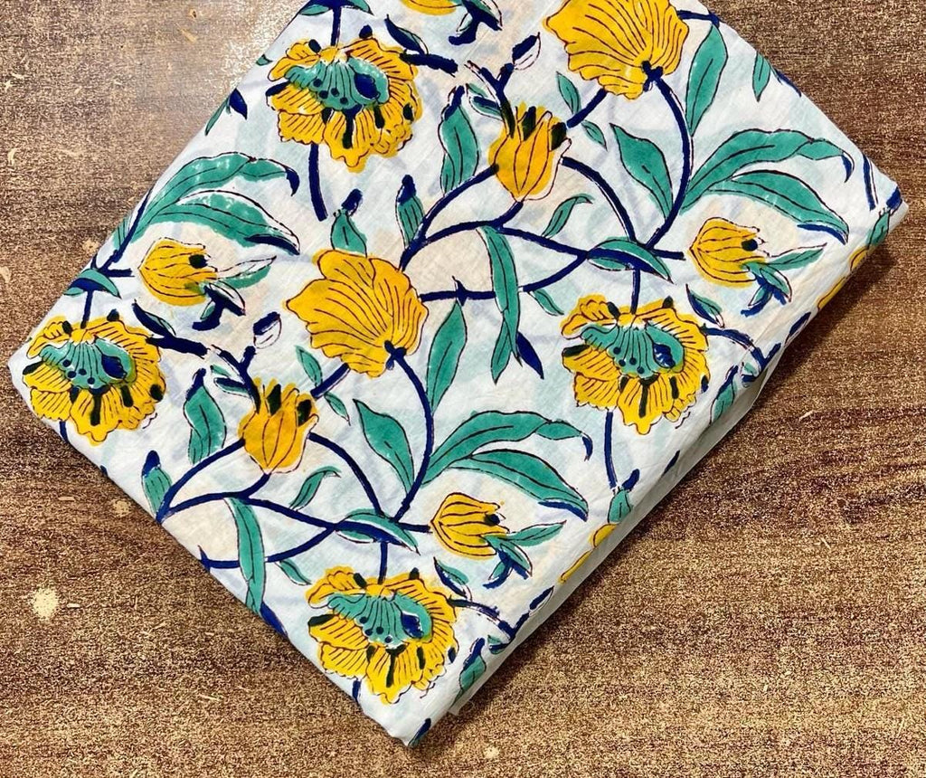 Yellow Floral Cotton Fabric by the Yard, White Printed Cotton Fabric, Quilting Fabric, Boho Home Decor & Dressmaking Fabric, Running Fabric