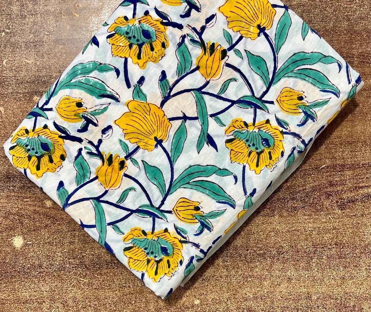 Yellow Floral Cotton Fabric by the Yard, White Printed Cotton Fabric, Quilting Fabric, Boho Home Decor & Dressmaking Fabric, Running Fabric