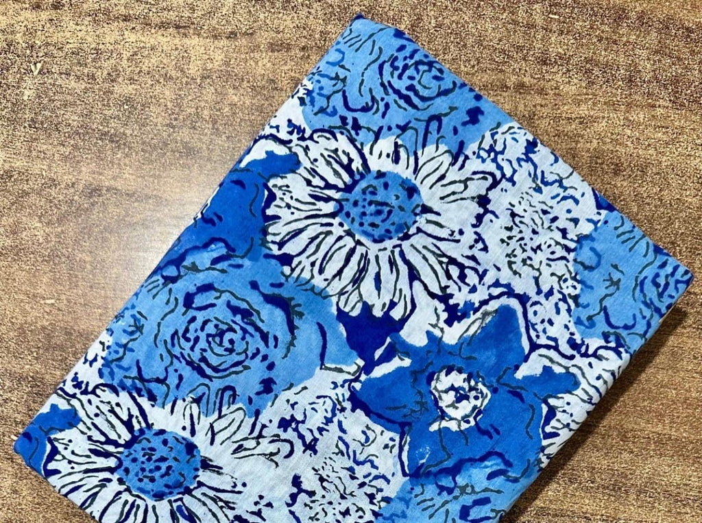 Blue Floral Cotton Fabric by the Yard, Hand Block Print Cotton Fabric, Quilting Fabric, Boho Home Decor & Dressmaking Fabric, Running Fabric