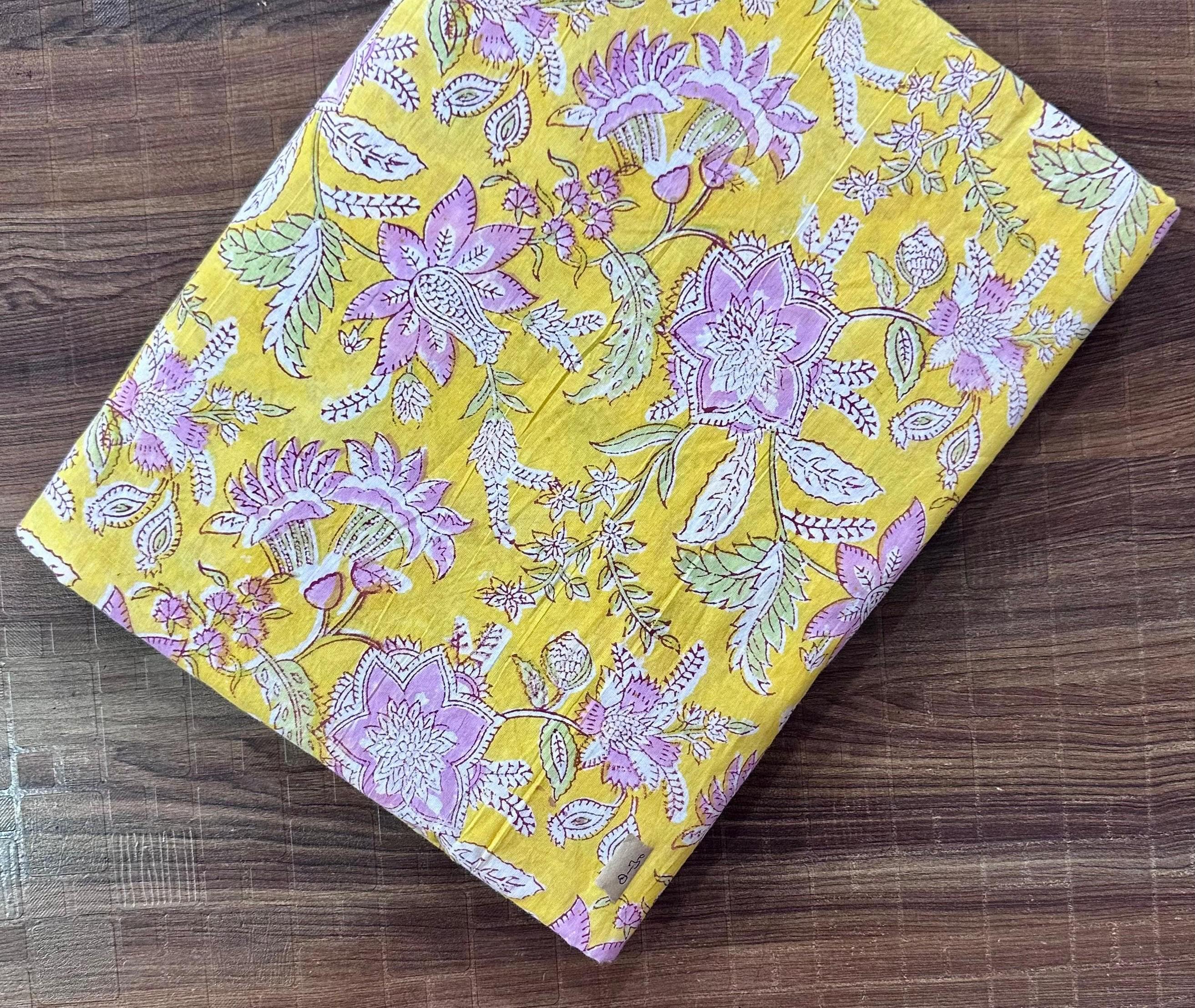 Yellow Floral Cotton Fabric by the Yard, Hand Block Print Indian Cotton Fabric, Quilting Fabric, Boho Home Decor, Dressmaking Sewing Fabric