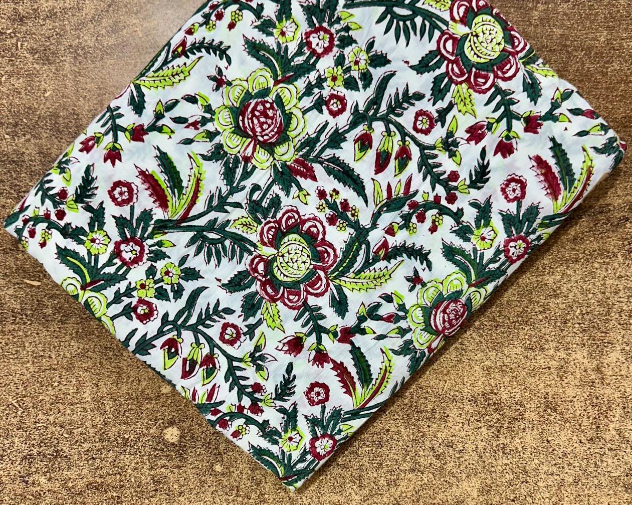 Indian Hand Block Print Cotton Fabric by the Yard, Floral Jaipuri Print for Dressmaking, Boho Soft Cotton Quilting Fabric, Running Fabric