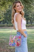 Handmade Quilted Crossbody Bag, Pink Cotton Sling Purse, Folk Art Print Shoulder Bag, Lightweight Boho Everyday Bag, Adjustable Strap