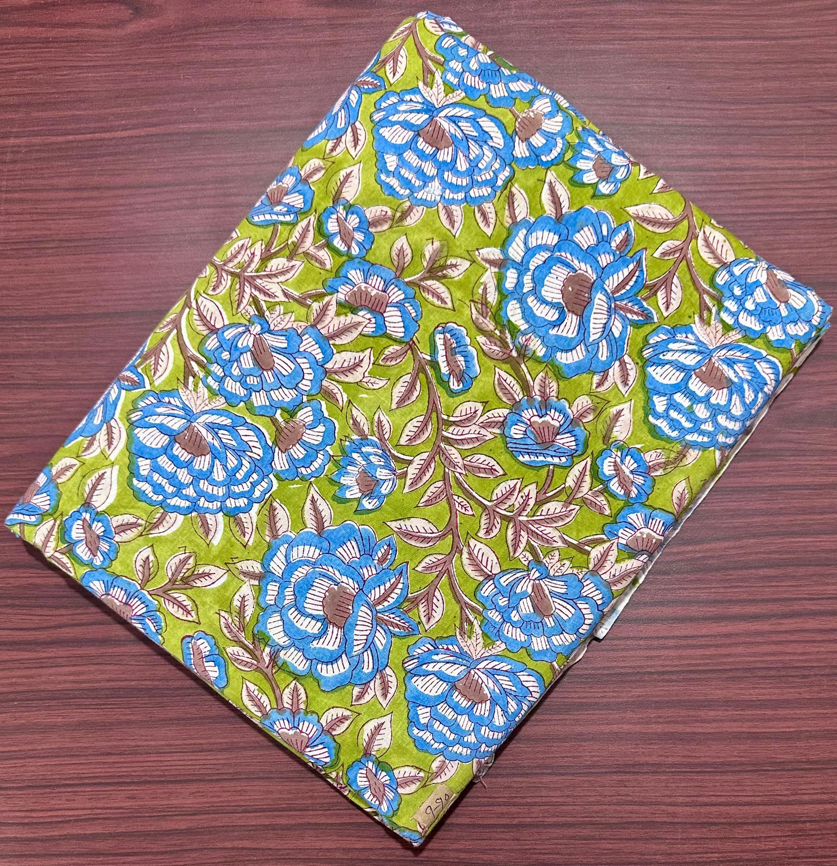 Green & Blue Indian Floral Hand Block Print Cotton Fabric, Soft Cotton Fabric, Floral 100% Cotton Fabric By The Yard, Loose Running Fabric