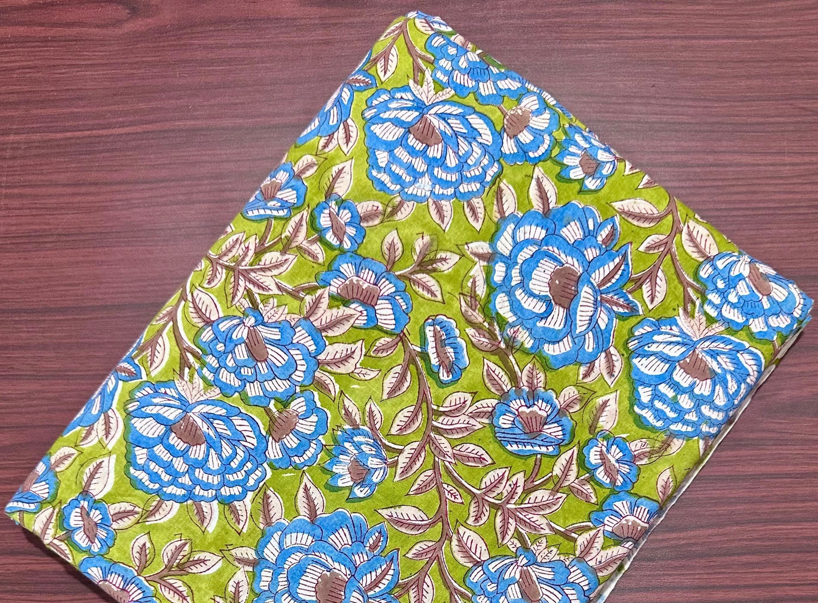 Green & Blue Indian Floral Hand Block Print Cotton Fabric, Soft Cotton Fabric, Floral 100% Cotton Fabric By The Yard, Loose Running Fabric