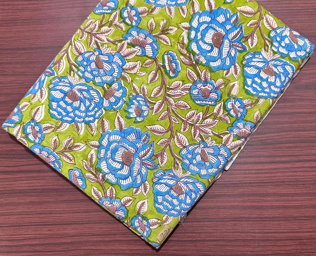 Green & Blue Indian Floral Hand Block Print Cotton Fabric, Soft Cotton Fabric, Floral 100% Cotton Fabric By The Yard, Loose Running Fabric