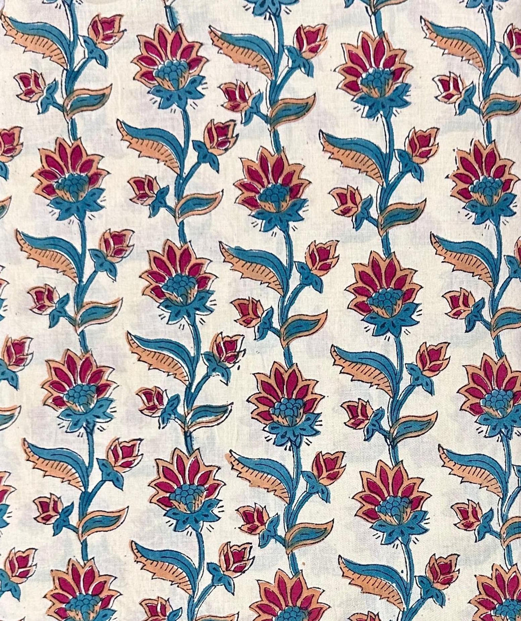White Lotus Indian Hand Block Print Fabric, Soft Cotton Fabric, 100% Cotton Fabric By The Yard, Fabric For Loose Running, Cotton Textile