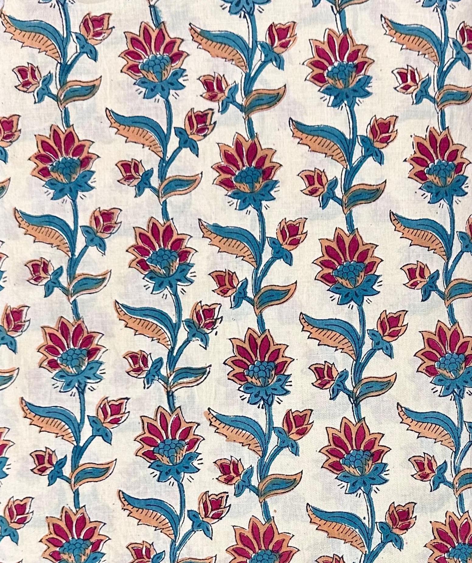 White Lotus Indian Hand Block Print Fabric, Soft Cotton Fabric, 100% Cotton Fabric By The Yard, Fabric For Loose Running, Cotton Textile