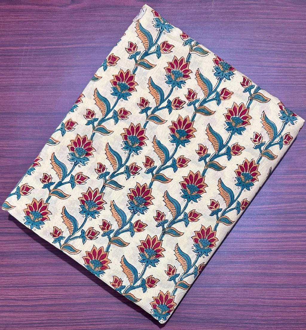 White Lotus Indian Hand Block Print Fabric, Soft Cotton Fabric, 100% Cotton Fabric By The Yard, Fabric For Loose Running, Cotton Textile