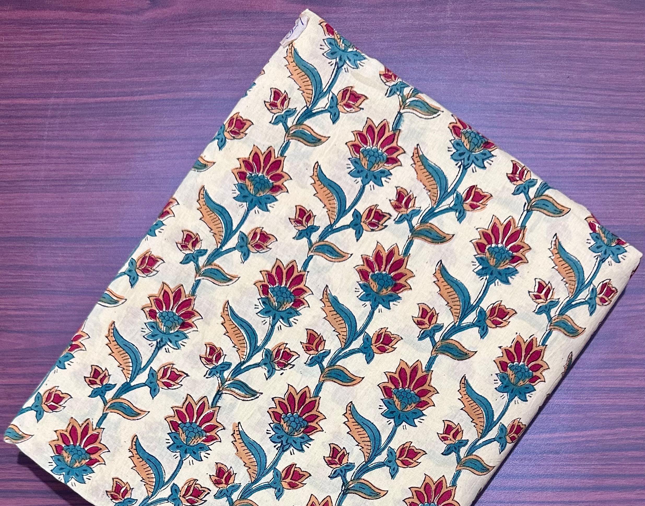 White Lotus Indian Hand Block Print Fabric, Soft Cotton Fabric, 100% Cotton Fabric By The Yard, Fabric For Loose Running, Cotton Textile