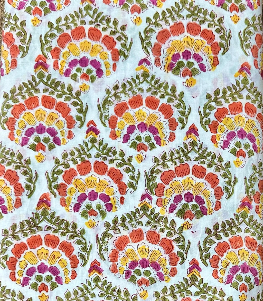 Sky Blue Hand Block Print Cotton Fabric, Floral Indian Cotton Fabric, Multicolor Printed Fabric by Yard, Sewing Quilting Dressmaking Fabric