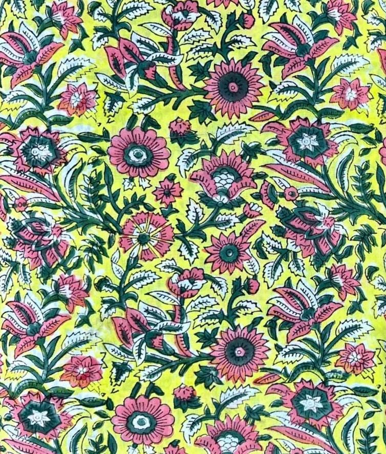Yellow Hand Block Print Cotton Fabric, Floral Indian Cotton Fabric, Pink Green Printed Fabric by Yard, Sewing Quilting Dressmaking Fabric