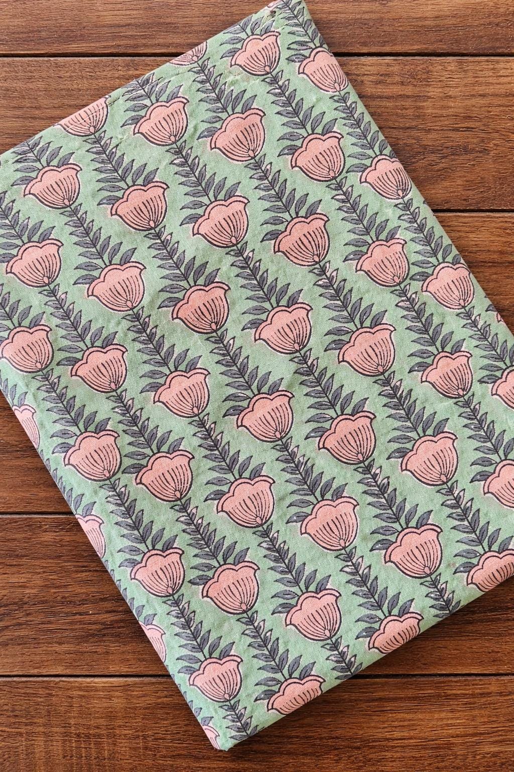 Green Floral Hand Block Print Cotton Fabric, Indian Printed Cotton Cloth, Soft Natural Fabric for Dressmaking, Loose Running Fabric