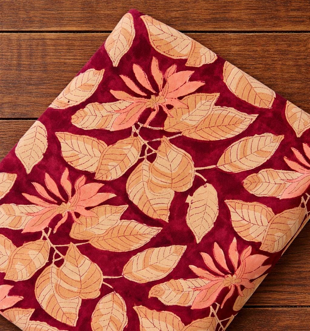 Maroon Floral Hand Block Print Cotton Fabric, Indian Printed Cotton Cloth, Soft Natural Fabric for Sewing, Quilting & Home Decor, Running