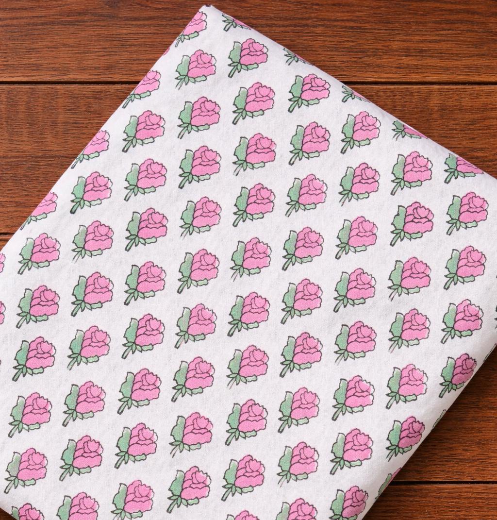 Pink Rose Floral Cotton Fabric, Hand Block Print Cotton Fabric, Soft Printed Fabric for Sewing, Quilting, Dressmaking, Loose Running Fabric