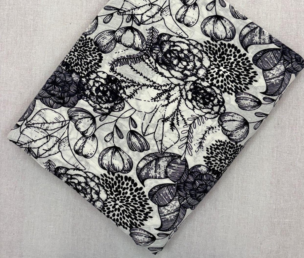 Black and White Floral Cotton Fabric, Botanical Hand Block Print Fabric, Indian Cotton Yardage, Floral Sewing Fabric, Craft Dressmaking