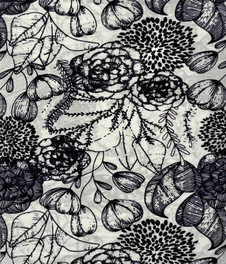 Black and White Floral Cotton Fabric, Botanical Hand Block Print Fabric, Indian Cotton Yardage, Floral Sewing Fabric, Craft Dressmaking