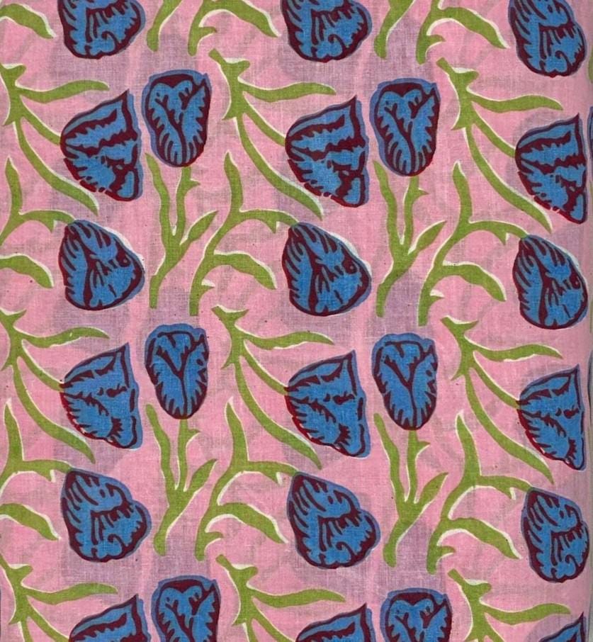 Pink Floral Hand Block Print Cotton Fabric, Blue Leaf Botanical Indian Fabric, Soft Cotton Yardage for Dressmaking, Quilting & Home Decor