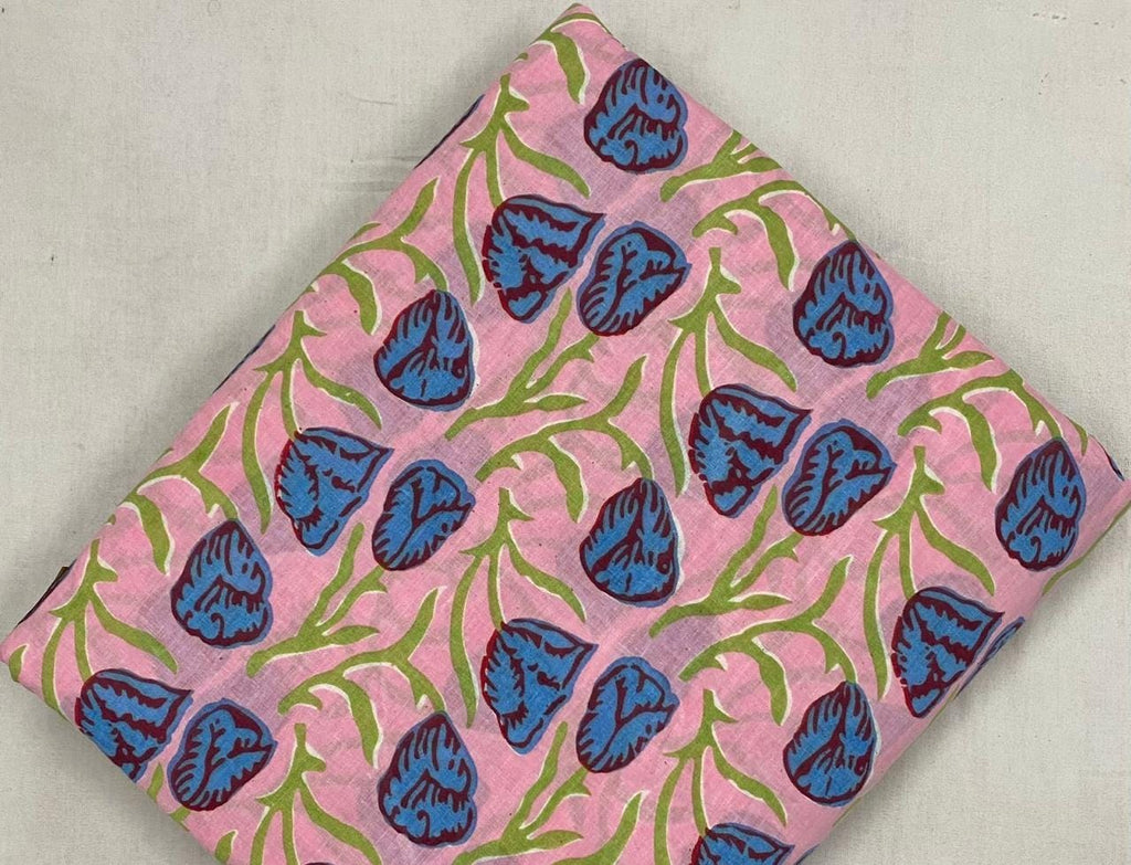 Pink Floral Hand Block Print Cotton Fabric, Blue Leaf Botanical Indian Fabric, Soft Cotton Yardage for Dressmaking, Quilting & Home Decor