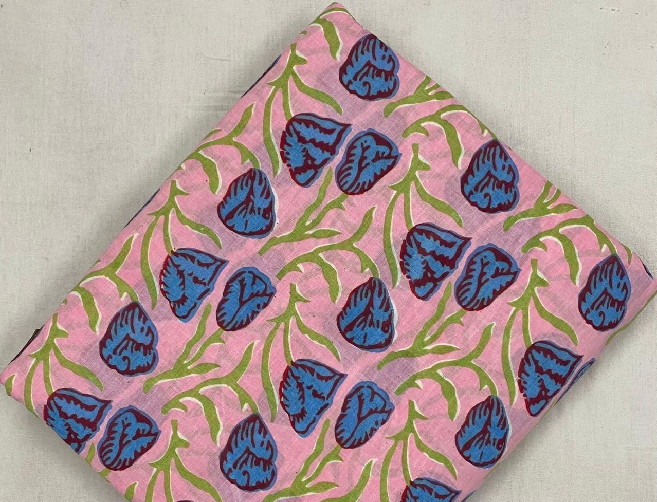 Pink Floral Hand Block Print Cotton Fabric, Blue Leaf Botanical Indian Fabric, Soft Cotton Yardage for Dressmaking, Quilting & Home Decor