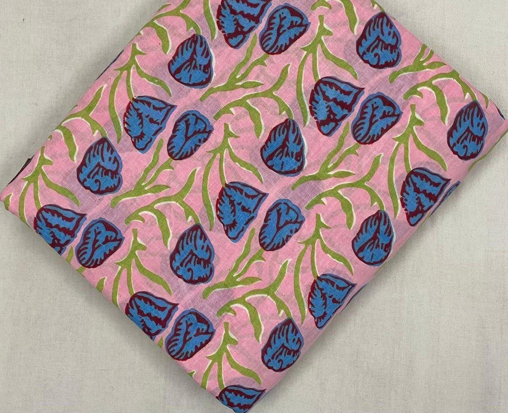 Pink Floral Hand Block Print Cotton Fabric, Blue Leaf Botanical Indian Fabric, Soft Cotton Yardage for Dressmaking, Quilting & Home Decor
