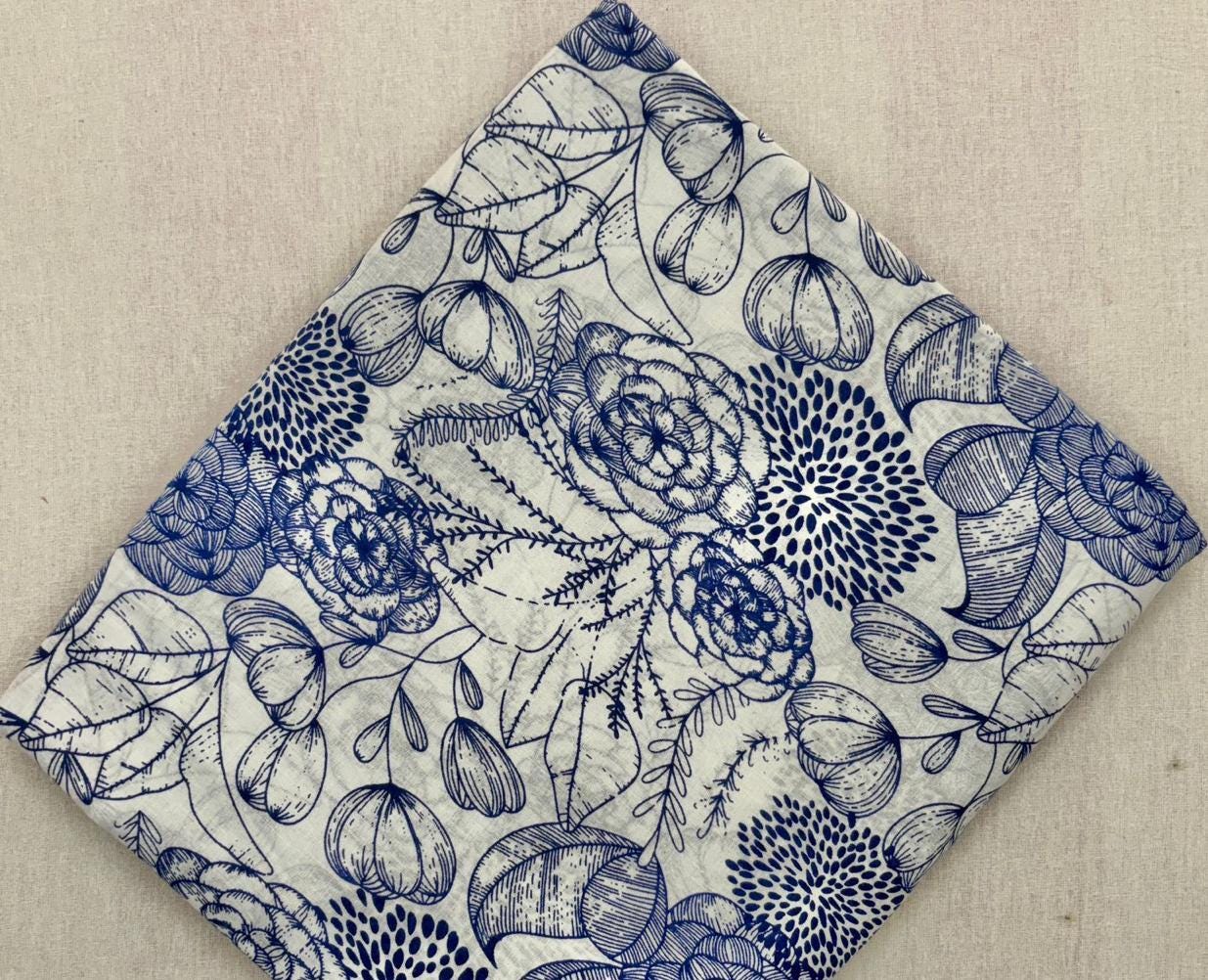 Blue and White Floral Cotton Fabric, Hand Block Print Indian Fabric, Vintage Style Cotton Yardage for Quilting, Dressmaking & Home Decor