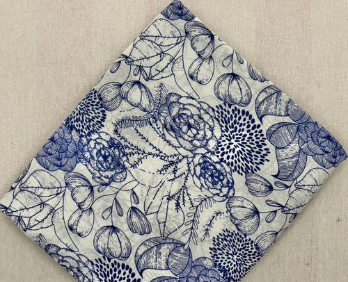Blue and White Floral Cotton Fabric, Hand Block Print Indian Fabric, Vintage Style Cotton Yardage for Quilting, Dressmaking & Home Decor