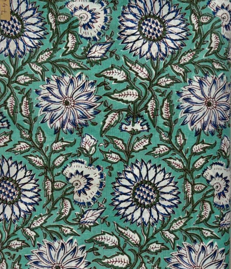 Green Floral Hand Block Print Cotton Fabric, Indian Botanical Flower Print Fabric by Yard, Soft Cotton for Dressmaking, Quilting Home Decor