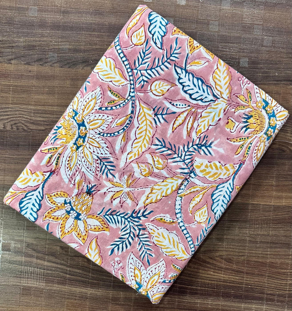 Pink Floral Hand Block Print Cotton Fabric – Indian Handmade Cotton Cloth, Soft Natural Printed Fabric for Dressmaking, Quilting & Crafts