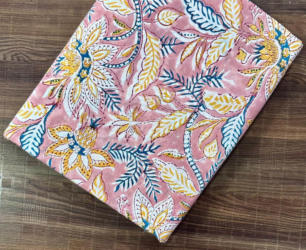 Pink Floral Hand Block Print Cotton Fabric – Indian Handmade Cotton Cloth, Soft Natural Printed Fabric for Dressmaking, Quilting & Crafts