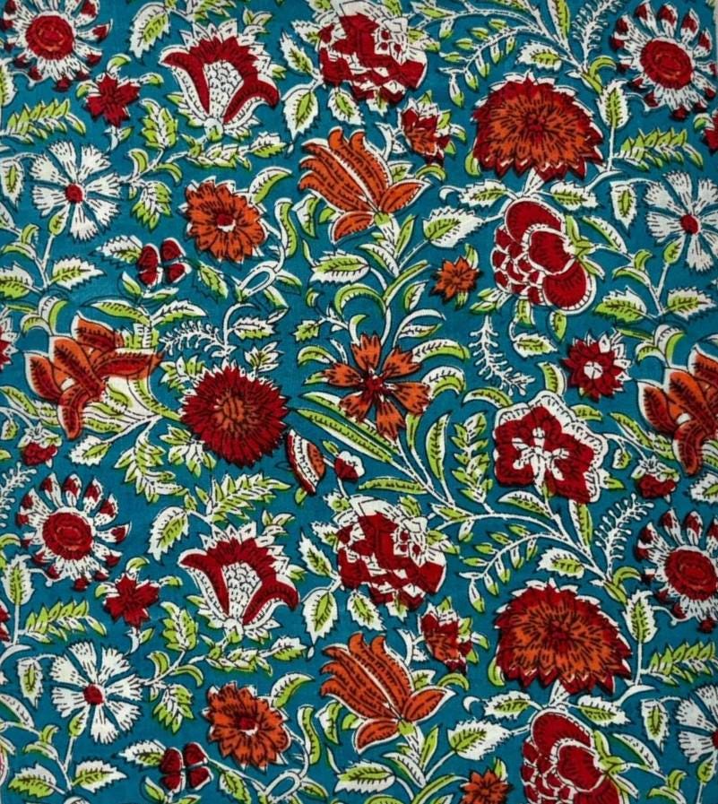 Teal Floral Cotton Fabric, Indian Hand Block Print Fabric by Yard, Red Orange Flower Sanganeri Fabric, Dressmaking Quilting Craft Textile