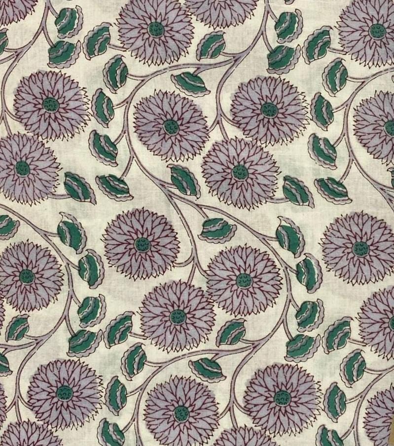 Cream Floral Cotton Fabric by Yard, Indian Hand Block Print Fabric, Green Leaf Sanganeri Cotton, Soft Dressmaking Quilting Craft Textile