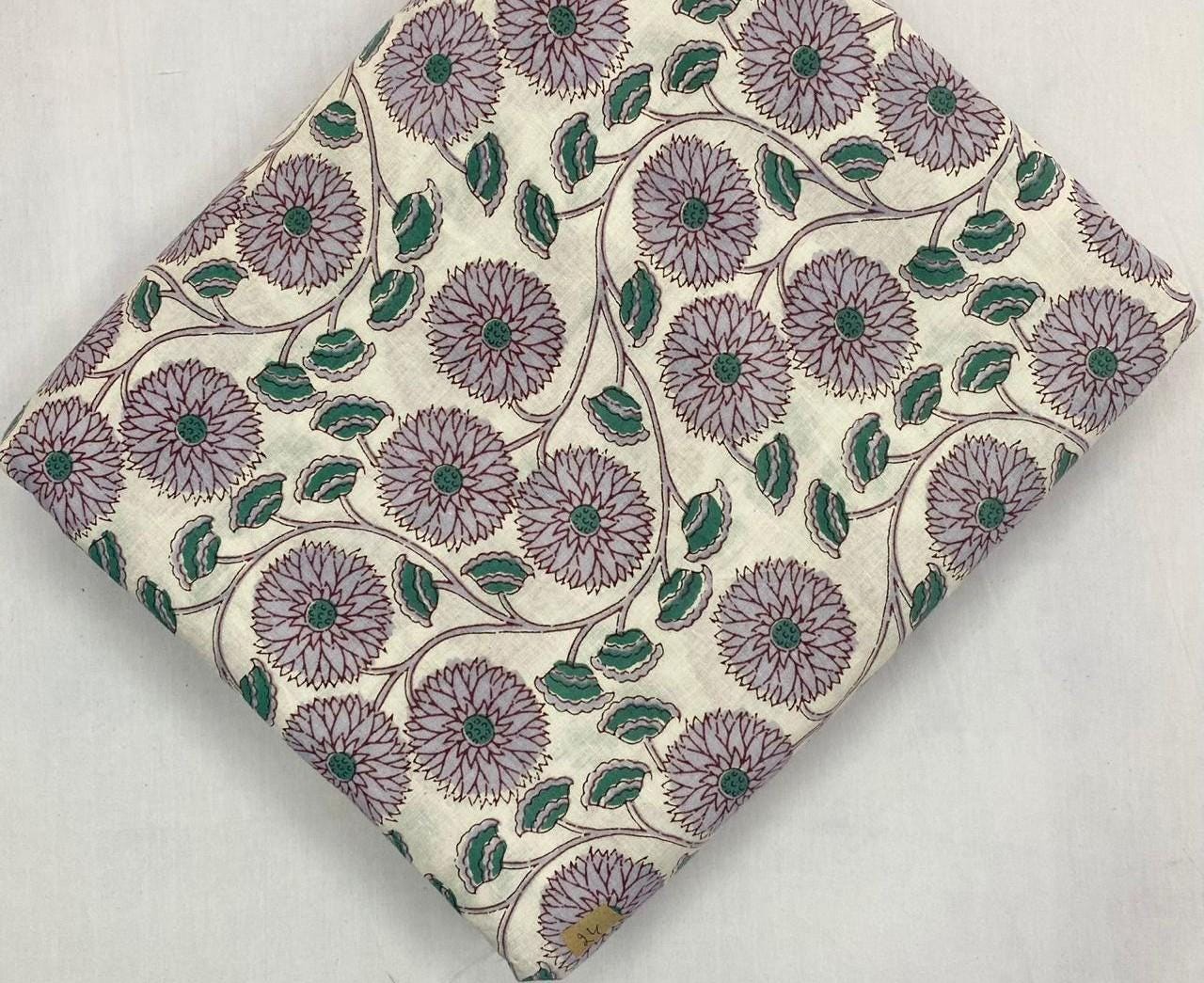 Cream Floral Cotton Fabric by Yard, Indian Hand Block Print Fabric, Green Leaf Sanganeri Cotton, Soft Dressmaking Quilting Craft Textile