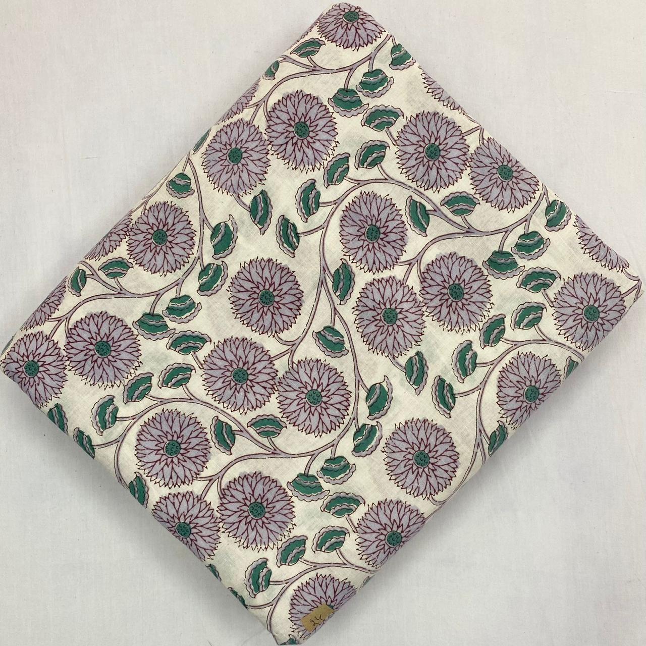 Cream Floral Cotton Fabric by Yard, Indian Hand Block Print Fabric, Green Leaf Sanganeri Cotton, Soft Dressmaking Quilting Craft Textile