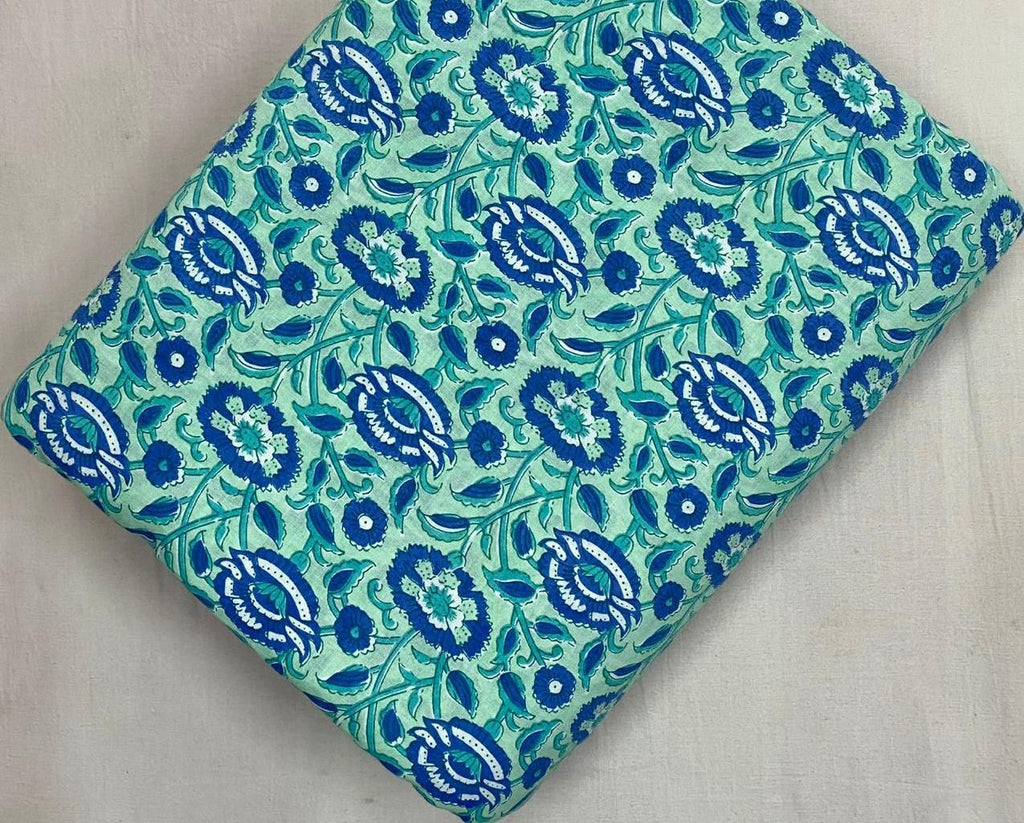 Mint Green Blue Floral Cotton Fabric by Yard, Indian Hand Block Print Fabric, Sanganeri Cotton Textile for Dressmaking Quilting Craft