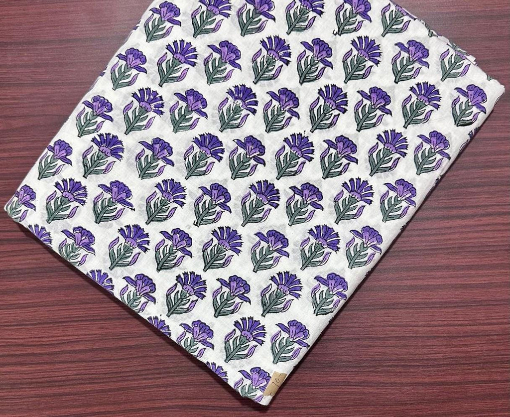Purple Floral Hand Block Print Cotton Fabric, Indian Cotton Fabric by Yard, Boho Flower Print for Dress Making Fabric, Quilting & Home Decor